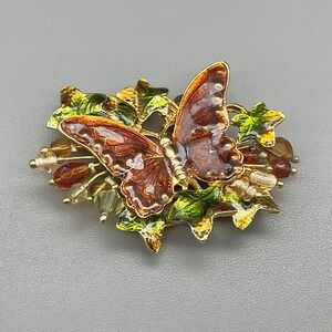 Ken Craft Butterfly Brooch Women Orange Green Enamel Beaded Gold Tone Vintage
